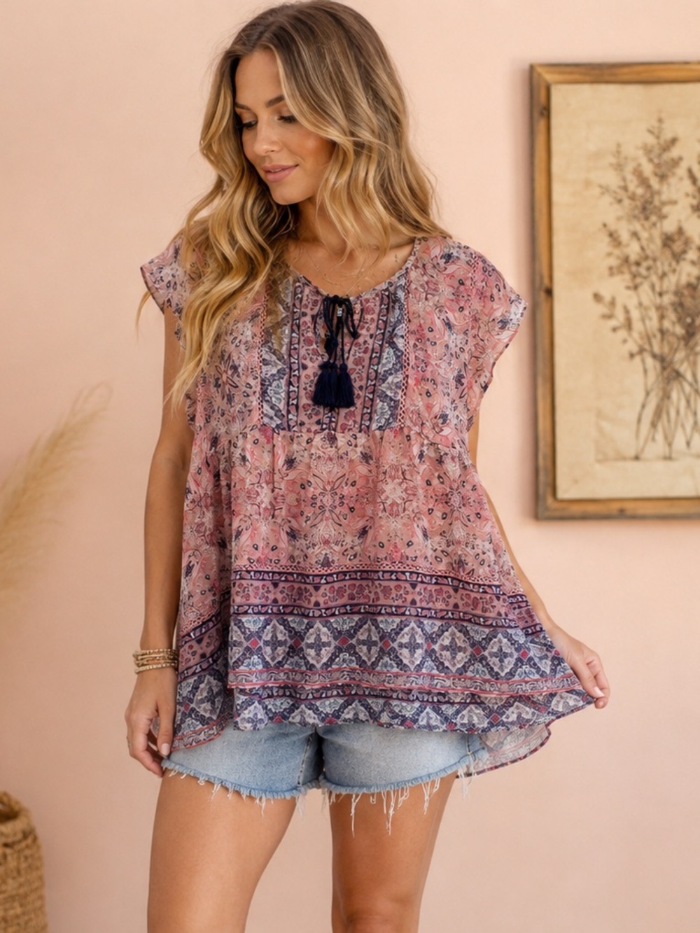 Knox Rose Pink Floral Tassel Peasant Tunic